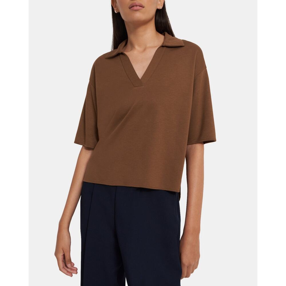Theory Brown Collared V-Neck Short Sleeve Top